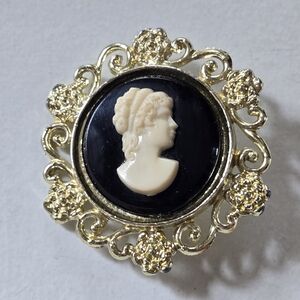 Victorian-Inspired Gold Tone and Black Cameo Filigree Brooch Coquette Girl